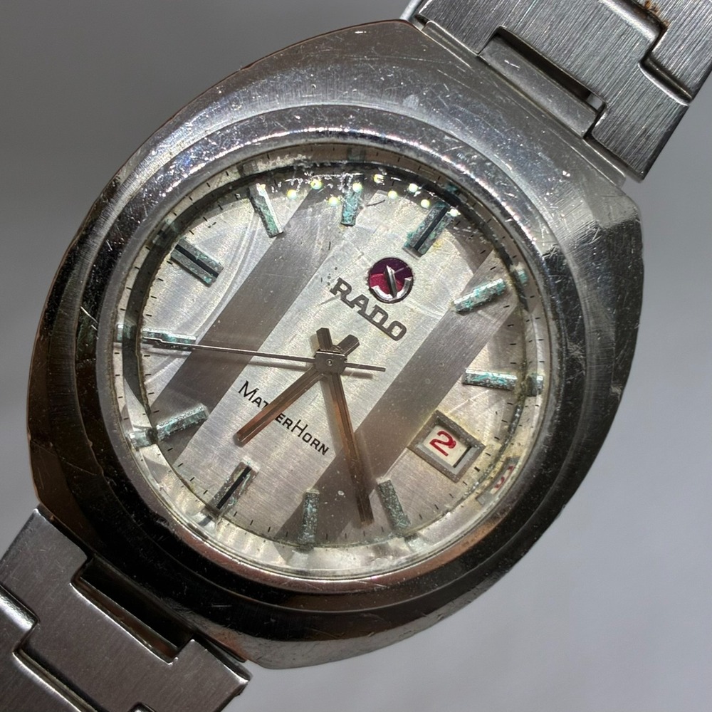 Vintage 1970s Rado Matterhorn Swiss Automatic Men's Watch Silver Tone Dial Date